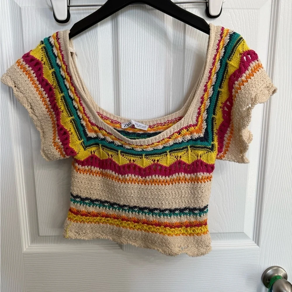 Zara Multicolor Crochet Knit Crop Top Boho Festival Small Colorful Hippie
